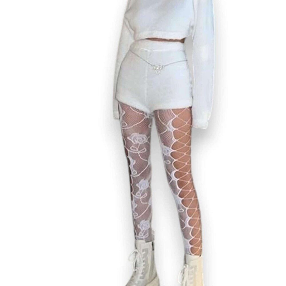 White Rose Vine Side Hollow Out  Fishnet Tights - NWT